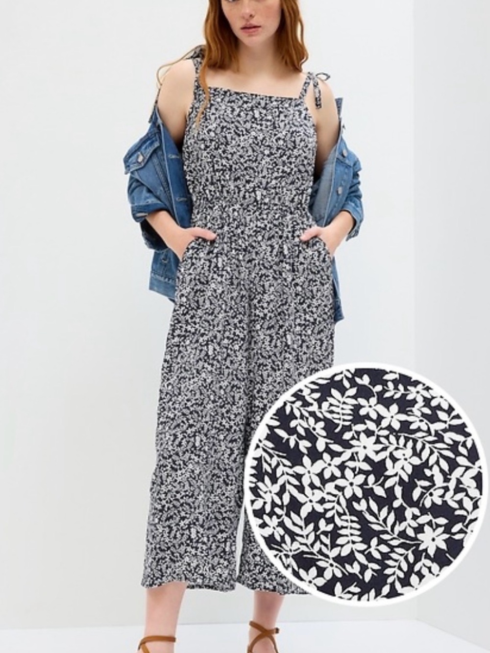 Gap Floral Tie-Strap Wide-Leg Jumpsuit in Navy & White breezy casual XS
